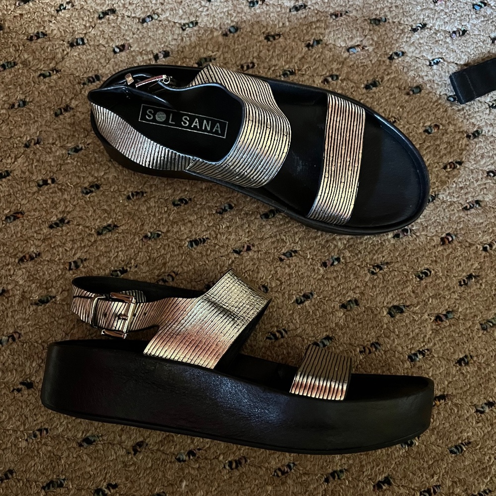 Gold and black Sol Sana flatform sandals US 8